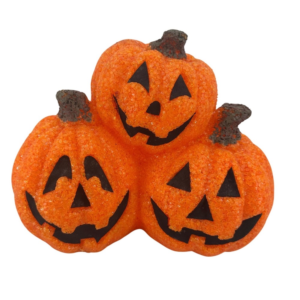 VTG Halloween Triple Pumpkin Jack-O-Lantern Light Up Blow Mold Decor Orange 9x11